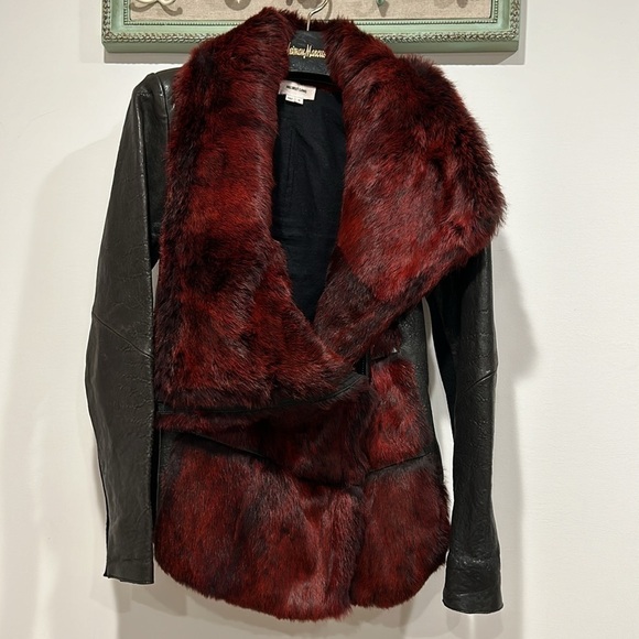 Helmut Lang red rabbit Fur Leather Coat Jacket Sz small women’s black zip up - Picture 3 of 9